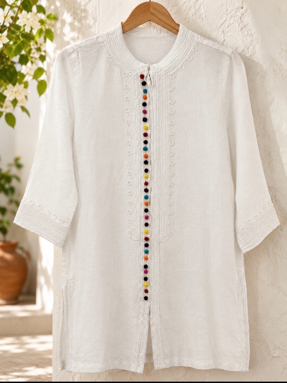 Soft surroundings desert linen tunic white embroidered rainbow buttons size pxs